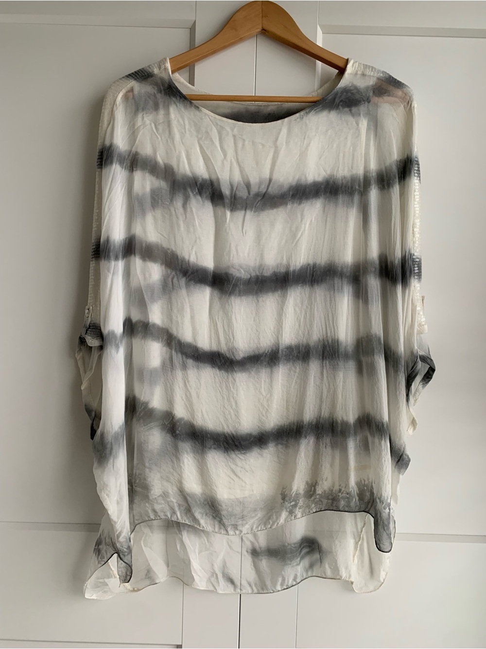 Lightweight White & Gray Striped Women's Top Made in Italy Silk and Viscose